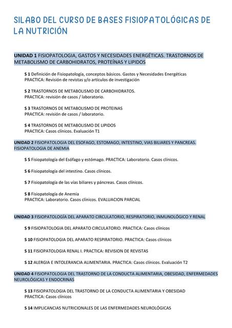 Sílabo del Curso de Bases Fisiopatológicas de la Nutrición