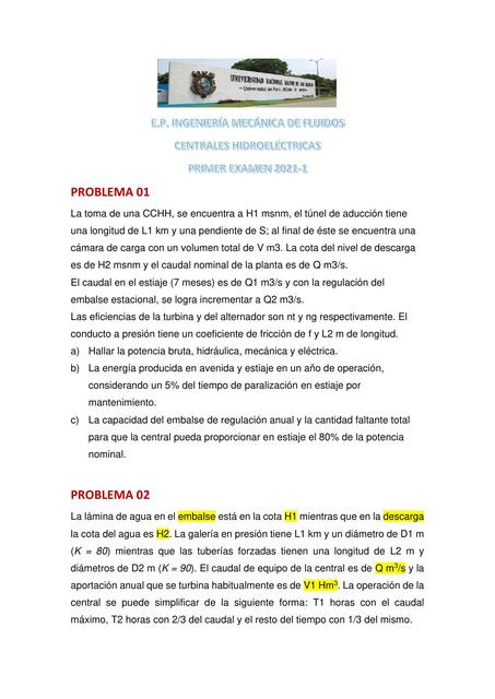 Primer Examen de Centrales Hidroeléctricas