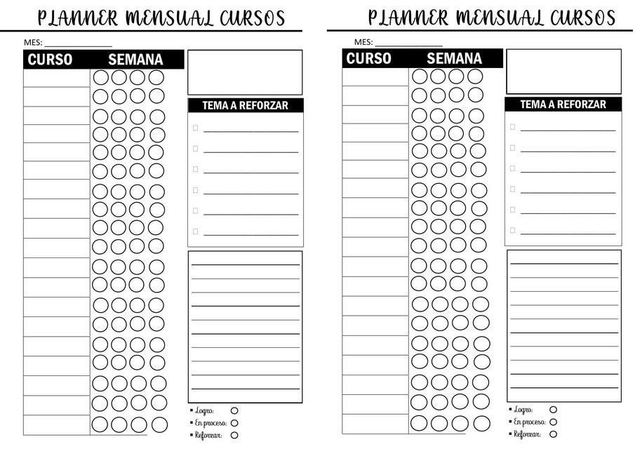 planner mensual de cursos 2x1