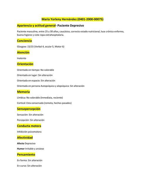 Examen mental paciente depresivo