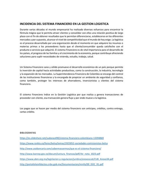 Incidencia del Sistema Financiero en la Gestión Logística