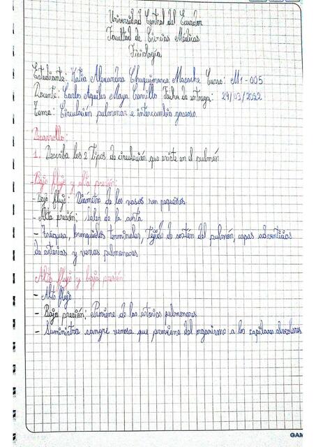 Circulación Pulmonar e Intercambio Gaseoso