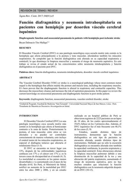 Función diafragmática y neumonía intrahospitalaria  en pacientes  con  hemiplejía  por desorden vásculo cerebral isquémico 