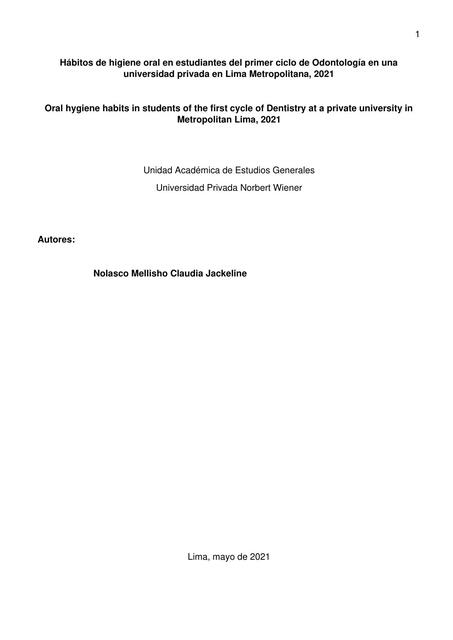 Articulo hábitos de higiene oral en estudiantes del primer ciclo de Odontología en una universidad privada en Lima Metropolitana, 2021