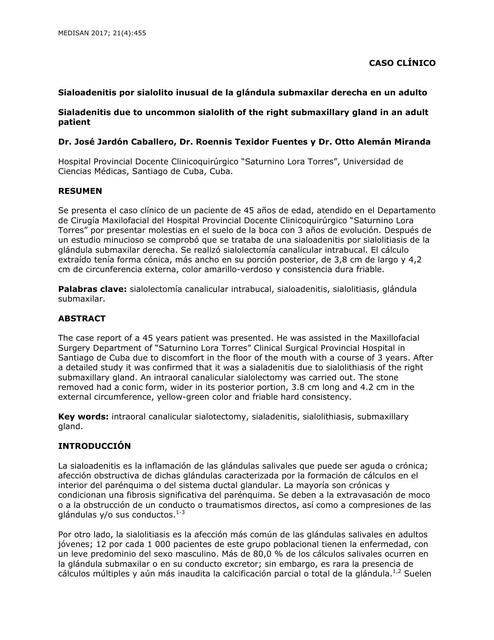 Sialoadenitis por sialolito inusual de la glándula submaxilar derecha en un adulto