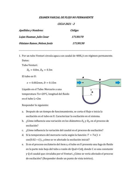 Examen Parcial de Flujo No Permanente 