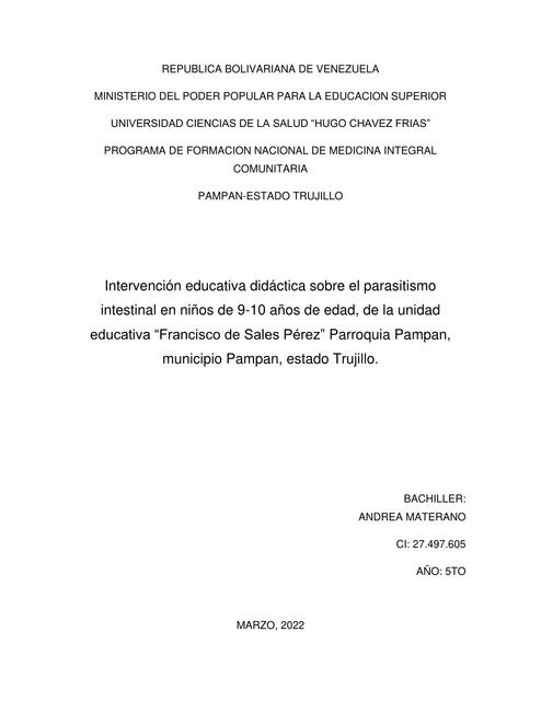 Intervención Educativa Didáctica sobre el Parasitismo Intestinal en Niños 