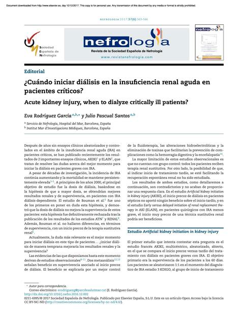 ¿Cuándo iniciar diálisis en la insuﬁciencia renal aguda enpacientes críticos?