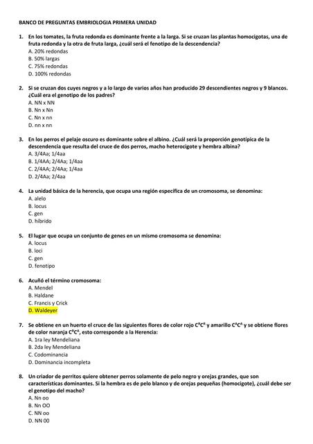 Banco de Preguntas Embriología Primera Unidad