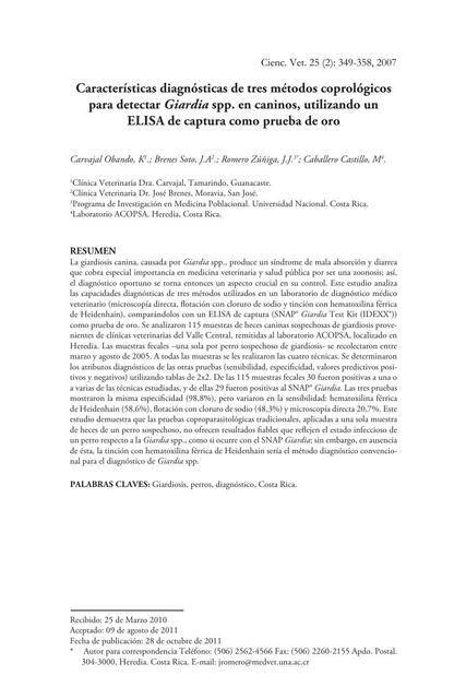 Características diagnósticas de tres métodos coprológicos para detectar Giardia spp. en caninos, utilizando un ELISA de captura como prueba de oro