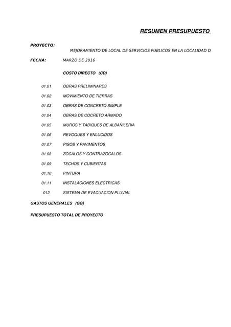Resumen Presupuesto | Concreto armado | Albañileria | Costos directos |  uDocz