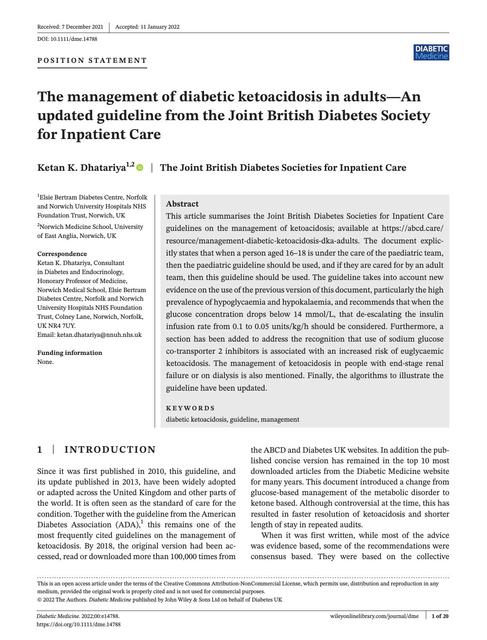 The Management of Diabetic Ketoacidosis in Adults