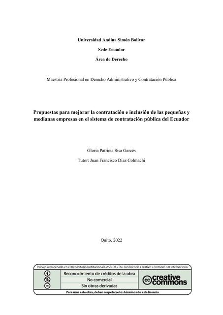 Propuestas para Mejorar la Contratación e Inclusión de las Pequeñas y Medianas Empresas en el Sistema de Contratación Pública del Ecuador