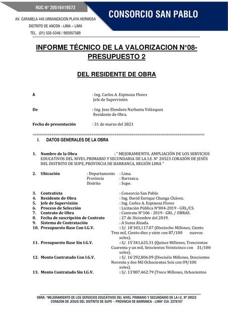 Informe Técnico val  N08 del  presupuesto 2