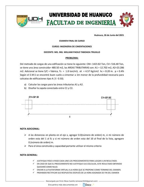 Solucionario de Examen de Diseño de Cimentaciones Zapata Conectada 