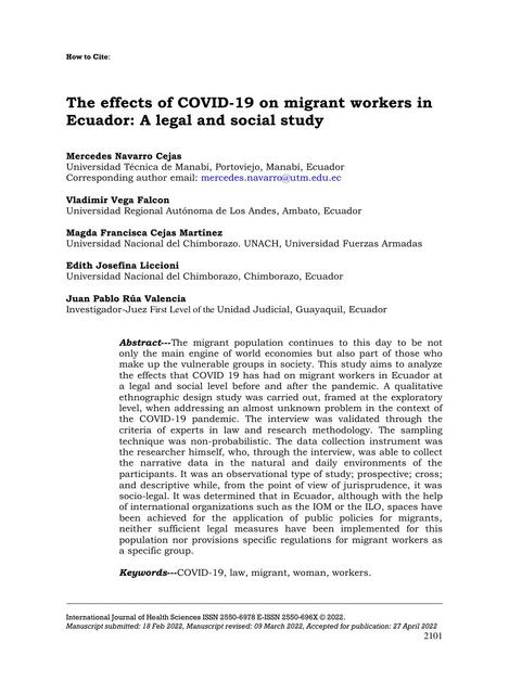 The effects of COVID 19 on migrant workers in Ecuador A legal and social study