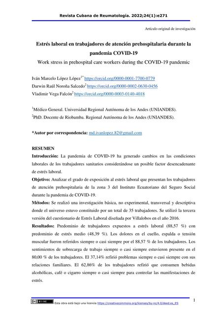 Estrés laboral en trabajadores de atención prehospitalaria durante la pandemia COVID 19