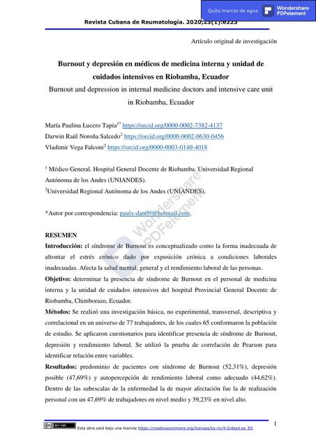 Burnout y depresión en médicos de medicina interna y unidad de cuidados intensivos de Riobamba Ecuador