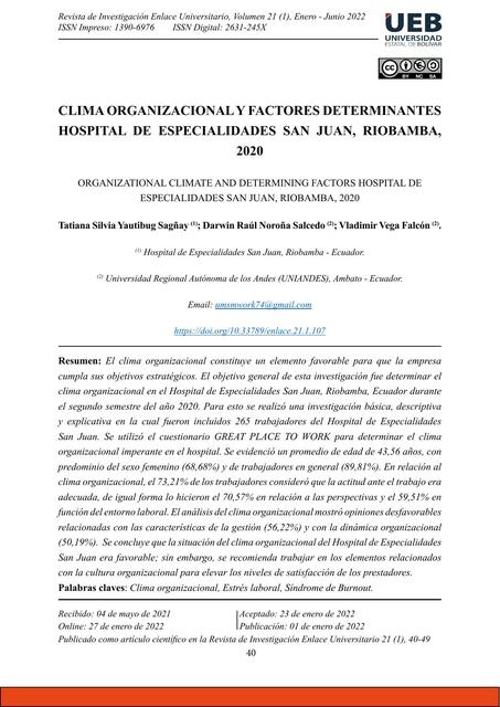 Clima organizacional y factores determinantes Hospital de Especialidades San Juan Riobamba