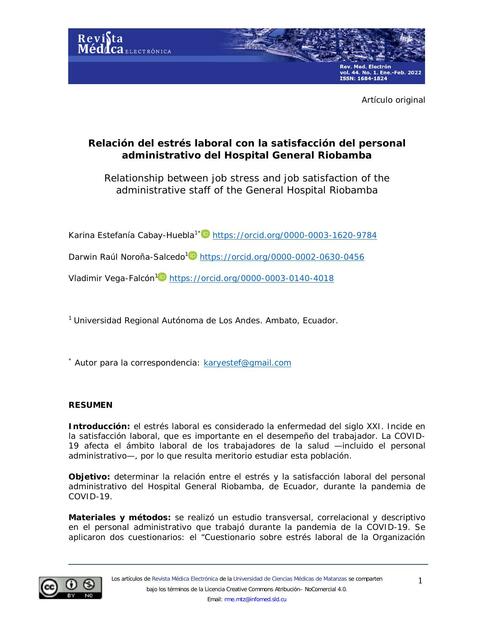 Relación del estrés laboral con la satisfacción del personal administrativo del Hospital General Riobamba