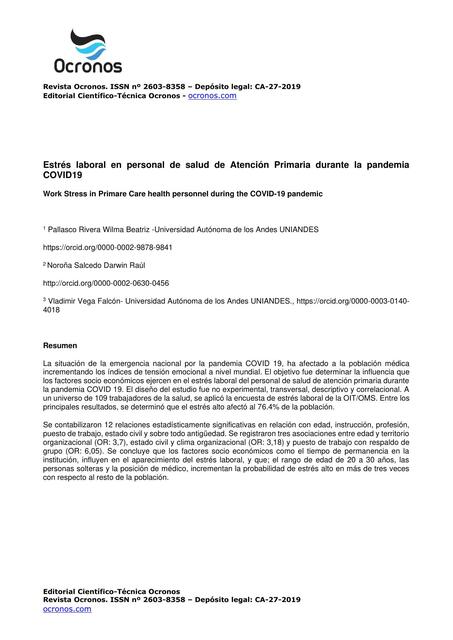 Estrés laboral en personal de salud de Atención Primaria durante la pandemia