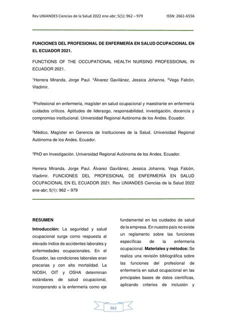 Funciones del Profesional de Enfermería en Salud Ocupacional en el Ecuador