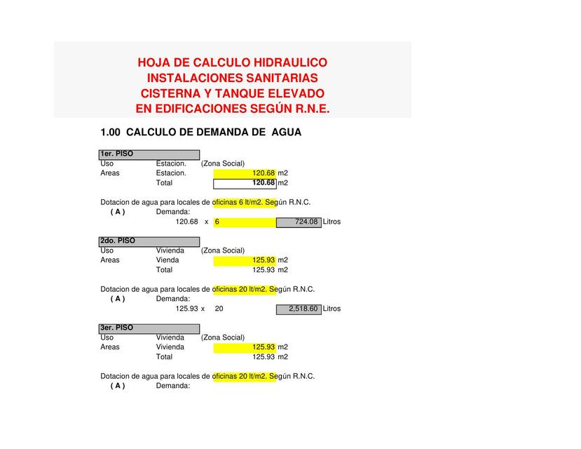 Hoja de Calculo Hidraulico-  Instalaciones Sanitarias- Cisterna y Tanque Elevado en Edificaciones 