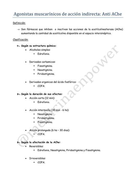 Agonistas Muscarínicos de Acción Indirecta (ANTICLINESTERASICOS)