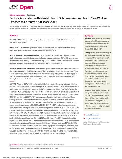 Factors Associated With Mental Health Outcomes Among Health CareWorkers