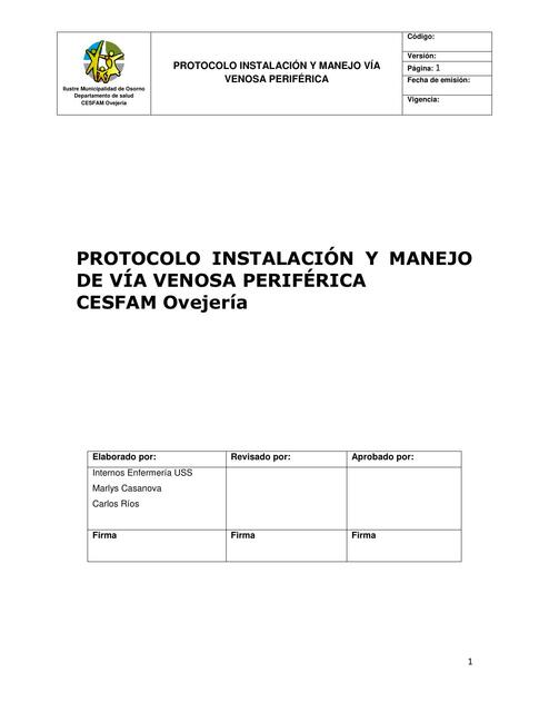 Protocolo Instalación y Manejo de Vía Venosa Periférica