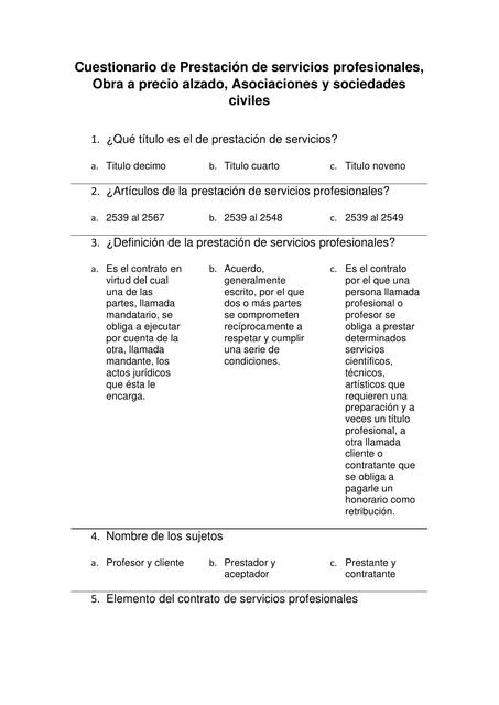 Cuestionario de Prestación de Servicios Profesionales