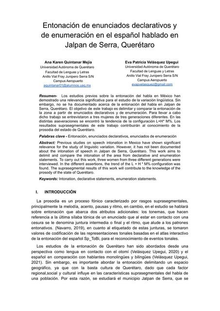 Entonación de enunciados declarativos y de enumeración en el español hablado en Jalpan de Serra Querétaro 1