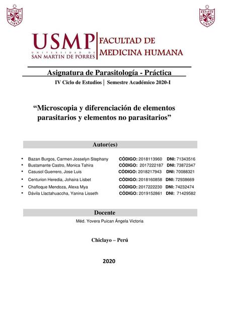 Microscopia y diferenciación de elementos parasitarios y elementos no parasitarios