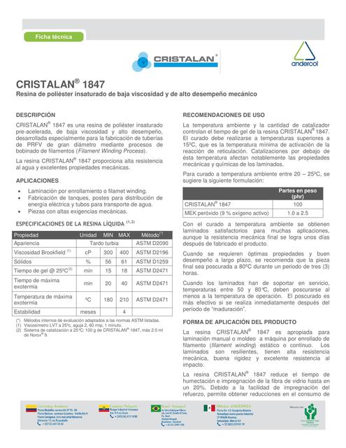 Cristalan 1847. Resina de poliéster instaurado de baja viscosidad y de alto desempeño mecánico