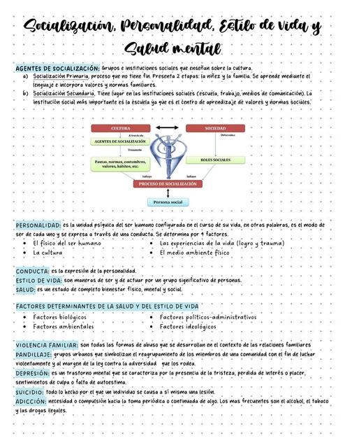 Socialización, Personalidad, Estilo de vida y Salud mental