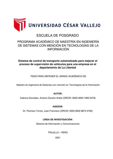 SISTEMA DE CONTROL DE TRANSPORTE AUTOMATIZADO PARA MEJORAR EL PROCESO DE SUPERVISIÓN DE VEHICULOS PARA UNA EMPRESA EN EL DEPARTAMENTO DE LA LIBERTAD