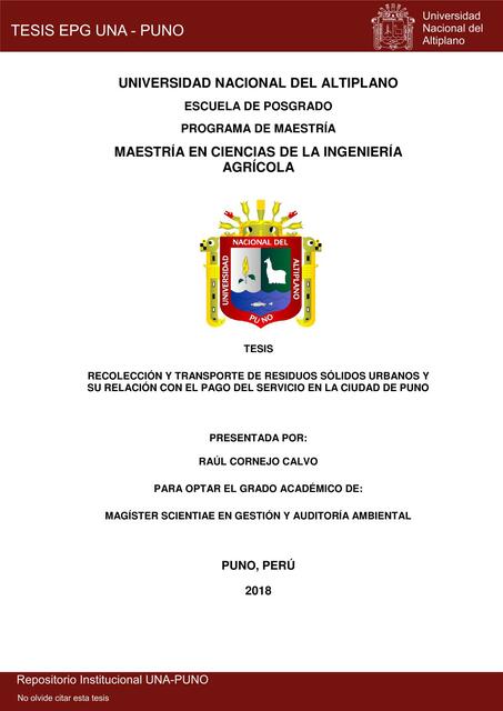 RECOLECCIÓN Y TRANSPORTE DE RESIDUOS SÓLIDOS URBANOS Y SU RELACIÓN CON EL PAGO DEL SERVICIO EN LA CIUDAD DE PUNO