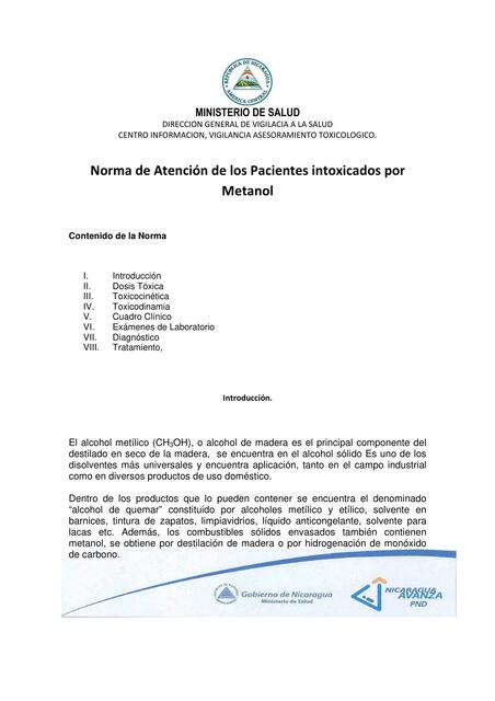 Norma de Atención de los Pacientes intoxicados por Metanol 