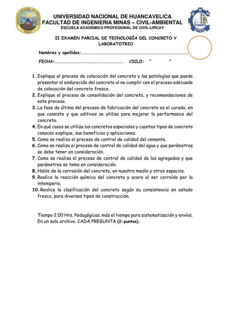 II Examen Parcial de Tecnología del Concreto y Laboratorio 