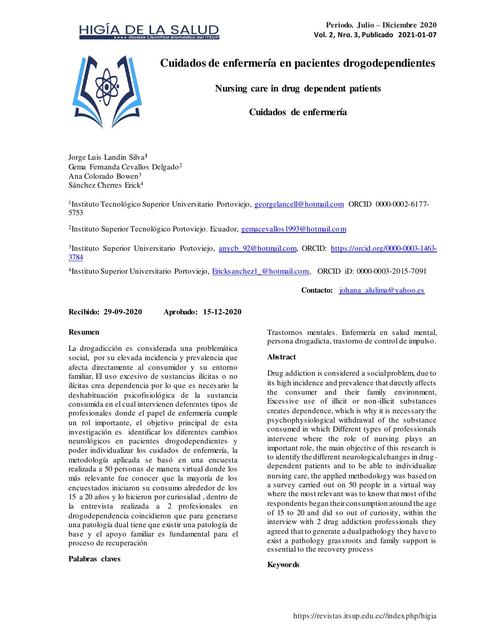 Cuidados de Enfermería en Pacientes Drogodependientes