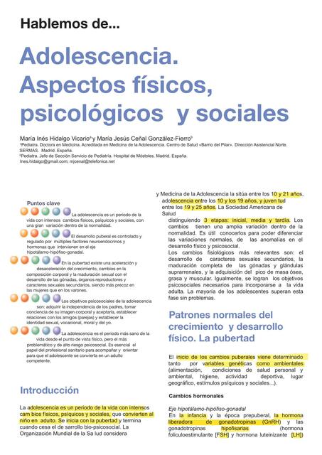 Adolescencia. Aspectos físicos, psicológicos  y sociales