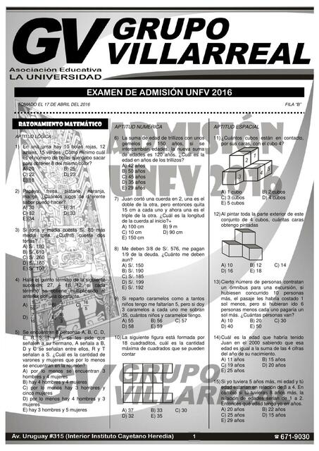 Solucionario Examen Admisión Villarreal 
