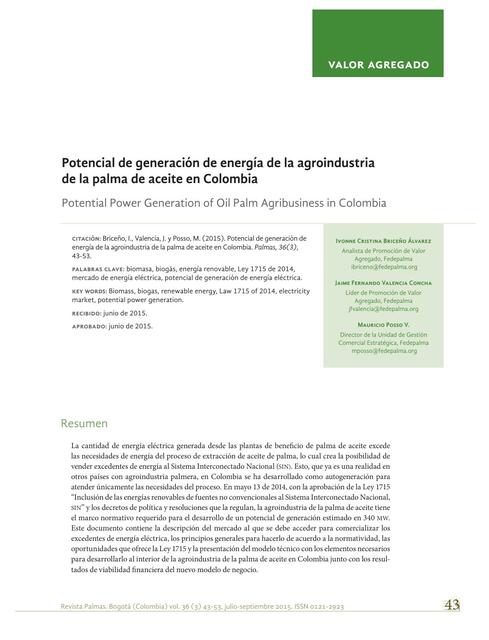 Potencial de generación de energía de la agroindustria de la palma de aceite en Colombia