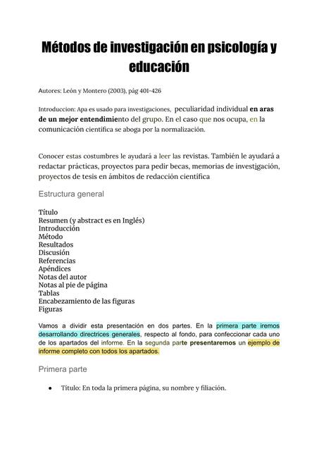 Métodos De Investigación En Psicología Y Educación León Y Montero