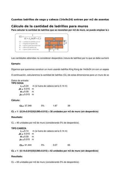 Cantidad de Ladrillos