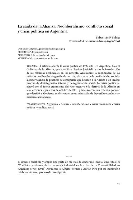 La Caida de la Alianza. Neoliberalismo, Conflicto Social y Crisis Política en Argentina 