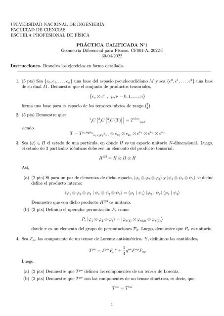 Geometría Diferencial para Físicos CF001-A. 2022-I