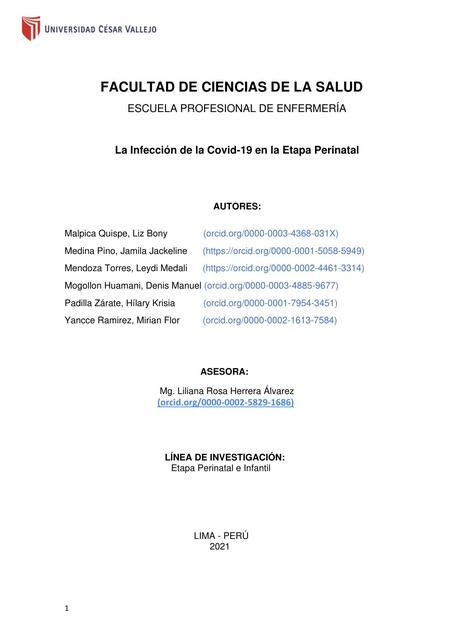 La Infección de COVID 19 en la Etapa Perinatal