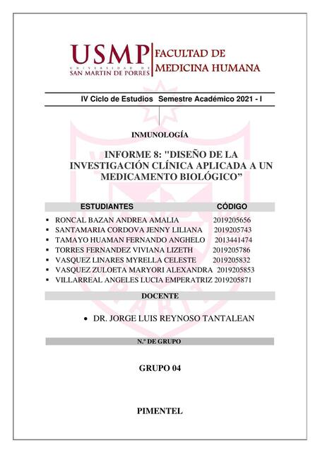 DISEÑO DE LA INVESTIGACIÓN CLÍNICA APLICADA A UN MEDICAMENTO BIOLÓGICO