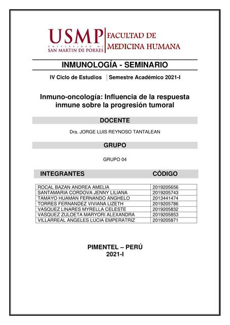 Inmuno-oncología: Influencia de la Respuesta Inmune sobre la Progresión Tumoral